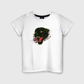 Детская футболка хлопок с принтом Голова пантеры в Екатеринбурге, 100% хлопок | круглый вырез горловины, полуприлегающий силуэт, длина до линии бедер | Тематика изображения на принте: jaguar | pantera | животное | клыки | кот | кошка | пантера | черный | ягуар