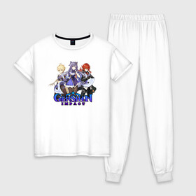 Женская пижама хлопок с принтом GENSHIN IMPACT (HEROS) в Екатеринбурге, 100% хлопок | брюки и футболка прямого кроя, без карманов, на брюках мягкая резинка на поясе и по низу штанин | anime | game | genshin | genshin impact | impact | аниме | игра