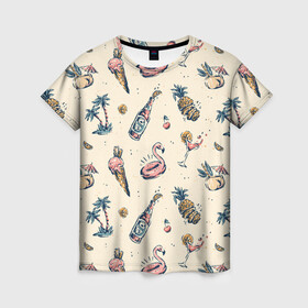Женская футболка 3D с принтом Винтажный Гавайский Рисунок в Екатеринбурге, 100% полиэфир ( синтетическое хлопкоподобное полотно) | прямой крой, круглый вырез горловины, длина до линии бедер | america | hawaian | hawaii | ice cream | lime | palms | pattern | pink flamingo | retro | summer | united states | usa | vintage | ананас | винтаж | вишня | коктейль | лайм | мороженое | надувной круг | остров | пальмы | паттерн | ретро | розовый ф