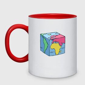 Кружка двухцветная с принтом Квадратный глобус земли в Екатеринбурге, керамика | объем — 330 мл, диаметр — 80 мм. Цветная ручка и кайма сверху, в некоторых цветах — вся внутренняя часть | Тематика изображения на принте: art | cube | cubic | earth | europe | funny | globe | globus | humor | illustration | map | south america | америка | арт | африка | евразия | европа | земля | иллюстрация | карта | континенты | кубизм | кубическая карта | планета | прикол