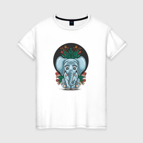 Женская футболка хлопок с принтом Слон и цветы в Екатеринбурге, 100% хлопок | прямой крой, круглый вырез горловины, длина до линии бедер, слегка спущенное плечо | cute | elephant | животное | милый | слон | слоненок | слоник | цветы
