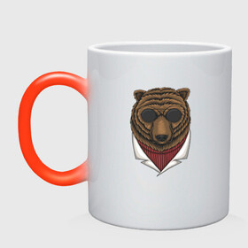 Кружка хамелеон с принтом Крутой Медведь в очках в Екатеринбурге, керамика | меняет цвет при нагревании, емкость 330 мл | Тематика изображения на принте: bear | grizzly | kuma | гриззли | гризли | грозный | крутой | медведь | медвежонок | мишка