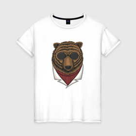 Женская футболка хлопок с принтом Крутой Медведь в очках в Екатеринбурге, 100% хлопок | прямой крой, круглый вырез горловины, длина до линии бедер, слегка спущенное плечо | bear | grizzly | kuma | гриззли | гризли | грозный | крутой | медведь | медвежонок | мишка
