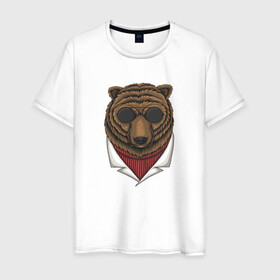 Мужская футболка хлопок с принтом Крутой Медведь в очках в Екатеринбурге, 100% хлопок | прямой крой, круглый вырез горловины, длина до линии бедер, слегка спущенное плечо. | bear | grizzly | kuma | гриззли | гризли | грозный | крутой | медведь | медвежонок | мишка