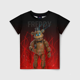 Детская футболка 3D с принтом FNAF FREDDY в Екатеринбурге, 100% гипоаллергенный полиэфир | прямой крой, круглый вырез горловины, длина до линии бедер, чуть спущенное плечо, ткань немного тянется | игры | искры | красный | стиль | фнаф | фредди