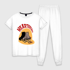 Женская пижама хлопок с принтом Хартбрейкер в Екатеринбурге, 100% хлопок | брюки и футболка прямого кроя, без карманов, на брюках мягкая резинка на поясе и по низу штанин | bird born | birdborn | heart | ирония | кот | котики | коты | любовь | сердечки | сердце | юмор