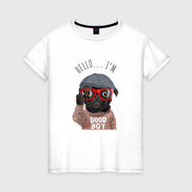Женская футболка хлопок с принтом Хороший мальчик в очках в Екатеринбурге, 100% хлопок | прямой крой, круглый вырез горловины, длина до линии бедер, слегка спущенное плечо | cute | dog | woof | гав | забавный | пес | песель | песик | смешной | собака | собачка | щенок