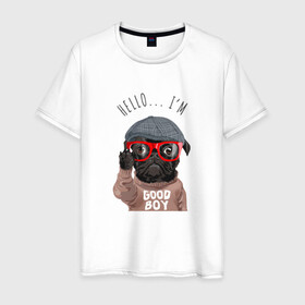 Мужская футболка хлопок с принтом Хороший мальчик в очках в Екатеринбурге, 100% хлопок | прямой крой, круглый вырез горловины, длина до линии бедер, слегка спущенное плечо. | cute | dog | woof | гав | забавный | пес | песель | песик | смешной | собака | собачка | щенок