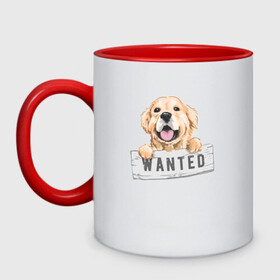Кружка двухцветная с принтом Dog Wanted в Екатеринбурге, керамика | объем — 330 мл, диаметр — 80 мм. Цветная ручка и кайма сверху, в некоторых цветах — вся внутренняя часть | cute | dog | wanted | woof | гав | забавный | пес | песель | песик | смешной | собака | собачка | щенок