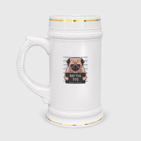 Кружка пивная с принтом Bad pug dog в Екатеринбурге,  керамика (Материал выдерживает высокую температуру, стоит избегать резкого перепада температур) |  объем 630 мл | cute | dog | pug | woof | гав | забавный | мопс | пес | песель | песик | смешной | собака | собачка | щенок
