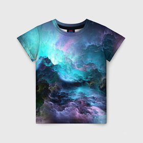 Детская футболка 3D с принтом Космическое море в Екатеринбурге, 100% гипоаллергенный полиэфир | прямой крой, круглый вырез горловины, длина до линии бедер, чуть спущенное плечо, ткань немного тянется | Тематика изображения на принте: вода | волны | космическое море | космос | море | облака | свет | шторм