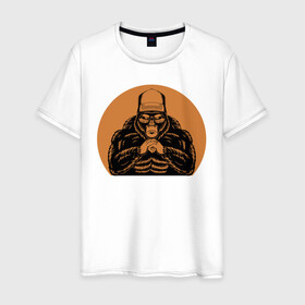 Мужская футболка хлопок с принтом Думать в Екатеринбурге, 100% хлопок | прямой крой, круглый вырез горловины, длина до линии бедер, слегка спущенное плечо. | Тематика изображения на принте: горилла | думать | животные | иллюстрация | конг