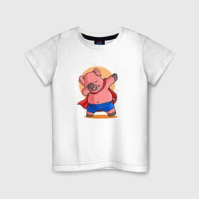 Детская футболка хлопок с принтом Свинка супермен даббинг в Екатеринбурге, 100% хлопок | круглый вырез горловины, полуприлегающий силуэт, длина до линии бедер | Тематика изображения на принте: dab | pig | даб | даббинг | животное | свинка | свинья | супермен | хрюша | хрюшка