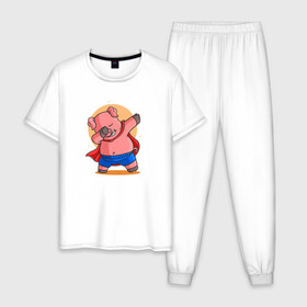 Мужская пижама хлопок с принтом Свинка супермен даббинг в Екатеринбурге, 100% хлопок | брюки и футболка прямого кроя, без карманов, на брюках мягкая резинка на поясе и по низу штанин
 | Тематика изображения на принте: dab | pig | даб | даббинг | животное | свинка | свинья | супермен | хрюша | хрюшка