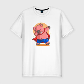 Мужская футболка хлопок Slim с принтом Свинка супермен даббинг в Екатеринбурге, 92% хлопок, 8% лайкра | приталенный силуэт, круглый вырез ворота, длина до линии бедра, короткий рукав | dab | pig | даб | даббинг | животное | свинка | свинья | супермен | хрюша | хрюшка