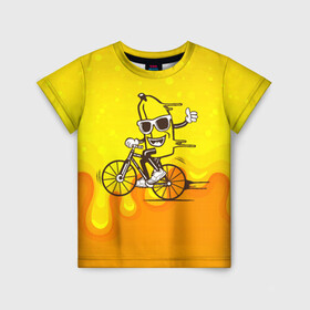 Детская футболка 3D с принтом Банан на велосипеде в Екатеринбурге, 100% гипоаллергенный полиэфир | прямой крой, круглый вырез горловины, длина до линии бедер, чуть спущенное плечо, ткань немного тянется | байк | банан | бананчик | велик | велосипед | живой банан | спорт