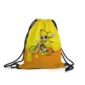 Рюкзак-мешок 3D с принтом Банан на велосипеде в Екатеринбурге, 100% полиэстер | плотность ткани — 200 г/м2, размер — 35 х 45 см; лямки — толстые шнурки, застежка на шнуровке, без карманов и подкладки | байк | банан | бананчик | велик | велосипед | живой банан | спорт