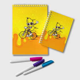 Блокнот с принтом Банан на велосипеде в Екатеринбурге, 100% бумага | 48 листов, плотность листов — 60 г/м2, плотность картонной обложки — 250 г/м2. Листы скреплены удобной пружинной спиралью. Цвет линий — светло-серый
 | байк | банан | бананчик | велик | велосипед | живой банан | спорт