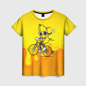 Женская футболка 3D с принтом Банан на велосипеде в Екатеринбурге, 100% полиэфир ( синтетическое хлопкоподобное полотно) | прямой крой, круглый вырез горловины, длина до линии бедер | байк | банан | бананчик | велик | велосипед | живой банан | спорт