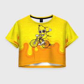 Женская футболка Crop-top 3D с принтом Банан на велосипеде в Екатеринбурге, 100% полиэстер | круглая горловина, длина футболки до линии талии, рукава с отворотами | байк | банан | бананчик | велик | велосипед | живой банан | спорт