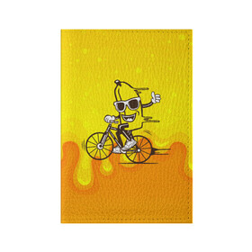 Обложка для паспорта матовая кожа с принтом Банан на велосипеде в Екатеринбурге, натуральная матовая кожа | размер 19,3 х 13,7 см; прозрачные пластиковые крепления | байк | банан | бананчик | велик | велосипед | живой банан | спорт