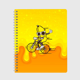 Тетрадь с принтом Банан на велосипеде в Екатеринбурге, 100% бумага | 48 листов, плотность листов — 60 г/м2, плотность картонной обложки — 250 г/м2. Листы скреплены сбоку удобной пружинной спиралью. Уголки страниц и обложки скругленные. Цвет линий — светло-серый
 | Тематика изображения на принте: байк | банан | бананчик | велик | велосипед | живой банан | спорт