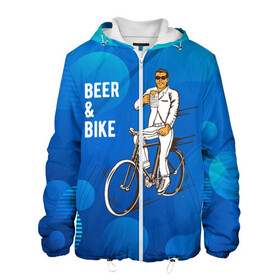 Мужская куртка 3D с принтом Велосипед и пиво в Екатеринбурге, ткань верха — 100% полиэстер, подклад — флис | прямой крой, подол и капюшон оформлены резинкой с фиксаторами, два кармана без застежек по бокам, один большой потайной карман на груди. Карман на груди застегивается на липучку | без рук | вело | велосипед | велосипедист | колеса | руль | спорт