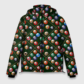 Мужская зимняя куртка 3D с принтом Бильярд в Екатеринбурге, верх — 100% полиэстер; подкладка — 100% полиэстер; утеплитель — 100% полиэстер | длина ниже бедра, свободный силуэт Оверсайз. Есть воротник-стойка, отстегивающийся капюшон и ветрозащитная планка. 

Боковые карманы с листочкой на кнопках и внутренний карман на молнии. | Тематика изображения на принте: a game | balls | billiards | eight | pool | russian billiards | snooker | tournament | бильярд | восьмерка | игра | пул | русский бильярд | снукер | турнир | шары