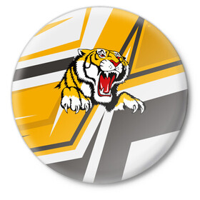 Значок с принтом Тигр в Екатеринбурге,  металл | круглая форма, металлическая застежка в виде булавки | дыра | дырка | крупная кошка | разрывает | тигр | тигрица