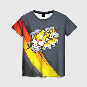 Женская футболка 3D с принтом Тигр разрывает изнутри в Екатеринбурге, 100% полиэфир ( синтетическое хлопкоподобное полотно) | прямой крой, круглый вырез горловины, длина до линии бедер | дыра | дырка | крупная кошка | разрывает | тигр | тигрица