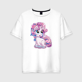 Женская футболка хлопок Oversize с принтом Маленький розовый единорог в Екатеринбурге, 100% хлопок | свободный крой, круглый ворот, спущенный рукав, длина до линии бедер
 | horse | kawaii | unikorn | единорог | единорожка | конь | лошадь | пони | радуга | рог | цветной