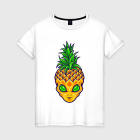 Женская футболка хлопок с принтом Ананас инопланетянин в Екатеринбурге, 100% хлопок | прямой крой, круглый вырез горловины, длина до линии бедер, слегка спущенное плечо | a pineapple | alien | tegunvteg | ананас | инопланетянин | нло | пришелец | сюрреализм