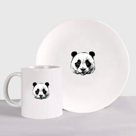 Набор: тарелка + кружка с принтом Голова панды в Екатеринбурге, керамика | Кружка: объем — 330 мл, диаметр — 80 мм. Принт наносится на бока кружки, можно сделать два разных изображения. 
Тарелка: диаметр - 210 мм, диаметр для нанесения принта - 120 мм. | Тематика изображения на принте: panda | животное | медведи | медведь | мишки | панда | панды