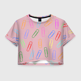 Женская футболка Crop-top 3D с принтом скрепки на пыльно розовом в Екатеринбурге, 100% полиэстер | круглая горловина, длина футболки до линии талии, рукава с отворотами | геометрический | канцелярия | пыльно розовый | разноцветный | скрепки | ученик | школа