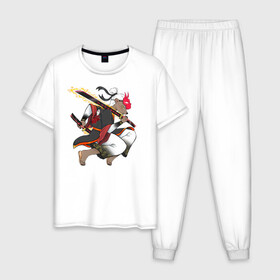 Мужская пижама хлопок с принтом Honey badger samurai в Екатеринбурге, 100% хлопок | брюки и футболка прямого кроя, без карманов, на брюках мягкая резинка на поясе и по низу штанин
 | барсук | зверь | иллюстрация | китай | медоед | самурай