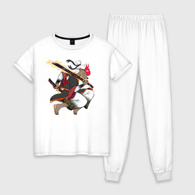 Женская пижама хлопок с принтом Honey badger samurai в Екатеринбурге, 100% хлопок | брюки и футболка прямого кроя, без карманов, на брюках мягкая резинка на поясе и по низу штанин | барсук | зверь | иллюстрация | китай | медоед | самурай