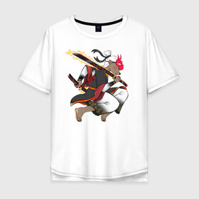 Мужская футболка хлопок Oversize с принтом Honey badger samurai в Екатеринбурге, 100% хлопок | свободный крой, круглый ворот, “спинка” длиннее передней части | барсук | зверь | иллюстрация | китай | медоед | самурай