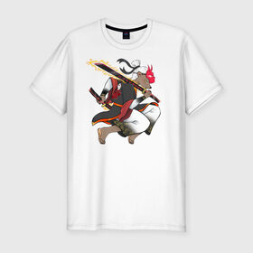 Мужская футболка хлопок Slim с принтом Honey badger samurai в Екатеринбурге, 92% хлопок, 8% лайкра | приталенный силуэт, круглый вырез ворота, длина до линии бедра, короткий рукав | барсук | зверь | иллюстрация | китай | медоед | самурай