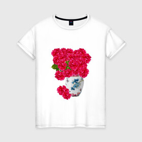 Женская футболка хлопок с принтом ваза с красными пионами в Екатеринбурге, 100% хлопок | прямой крой, круглый вырез горловины, длина до линии бедер, слегка спущенное плечо | ваза | иллюстрации | картинки | пионы | популярные | тренды | фарфор | цветы