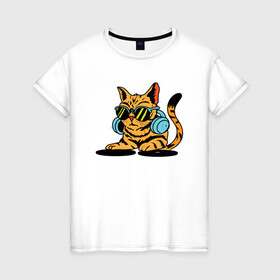 Женская футболка хлопок с принтом DJ Cat в Екатеринбурге, 100% хлопок | прямой крой, круглый вырез горловины, длина до линии бедер, слегка спущенное плечо | animal | cat | cute | kitty | meow | music | диджей | друг | животные | киска | кися | китти | кот | котенок | котик | котэ | кошечка | кошка | музыка | мур | мяу | питомец