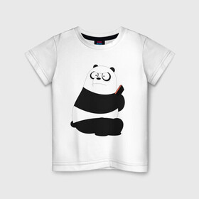 Детская футболка хлопок с принтом Возмущенная панда в Екатеринбурге, 100% хлопок | круглый вырез горловины, полуприлегающий силуэт, длина до линии бедер | Тематика изображения на принте: белый медведь | возмущение | животное | зависимость | медведь | панда | телефон