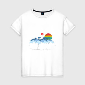 Женская футболка хлопок с принтом Pop it Simple Dimple в Екатеринбурге, 100% хлопок | прямой крой, круглый вырез горловины, длина до линии бедер, слегка спущенное плечо | pop it | simple dimple | восход | закат | лайк | небо | облака | попит | сердечко | симпл димпл