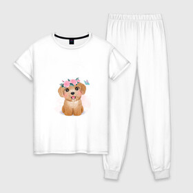 Женская пижама хлопок с принтом Пудель и цветы в Екатеринбурге, 100% хлопок | брюки и футболка прямого кроя, без карманов, на брюках мягкая резинка на поясе и по низу штанин | cute | dog | poodle | woof | гав | забавный | пес | песель | песик | пудель | смешной | собака | собачка | щенок