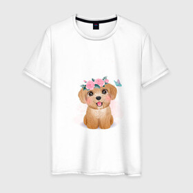 Мужская футболка хлопок с принтом Пудель и цветы в Екатеринбурге, 100% хлопок | прямой крой, круглый вырез горловины, длина до линии бедер, слегка спущенное плечо. | Тематика изображения на принте: cute | dog | poodle | woof | гав | забавный | пес | песель | песик | пудель | смешной | собака | собачка | щенок
