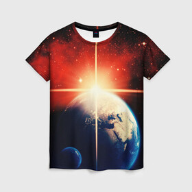 Женская футболка 3D с принтом Космос земля 3D в Екатеринбурге, 100% полиэфир ( синтетическое хлопкоподобное полотно) | прямой крой, круглый вырез горловины, длина до линии бедер | вселенная | галактика | звёзды | земля | космос | лучи | рассвет | сияние | солнце