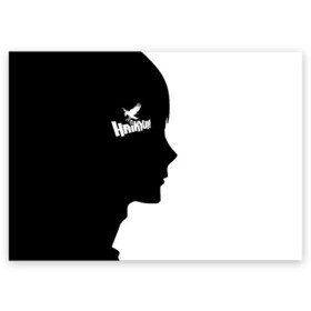 Поздравительная открытка с принтом Haikyu!! Профиль игрока Карасуно в Екатеринбурге, 100% бумага | плотность бумаги 280 г/м2, матовая, на обратной стороне линовка и место для марки
 | anime | haikyu | haikyuu | karasuno | karasuno high | manga | аниме | башка | волейбол | волейбольный клуб | вороны | голова | карасуно | лицо | лого | манга | надпись | старшая школа | флай хай | хаику | хаикую | чб | черный