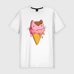 Мужская футболка хлопок Slim с принтом Cat Ice Cream в Екатеринбурге, 92% хлопок, 8% лайкра | приталенный силуэт, круглый вырез ворота, длина до линии бедра, короткий рукав | animal | cat | cute | ice cream | kitty | meow | друг | еда | животные | киска | кися | китти | кот | котенок | котик | котэ | кошечка | кошка | мороженое | мур | мяу | питомец