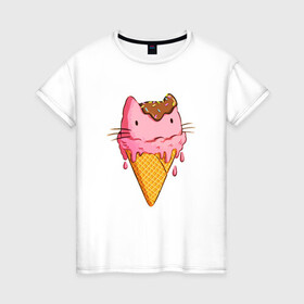 Женская футболка хлопок с принтом Cat Ice Cream в Екатеринбурге, 100% хлопок | прямой крой, круглый вырез горловины, длина до линии бедер, слегка спущенное плечо | animal | cat | cute | ice cream | kitty | meow | друг | еда | животные | киска | кися | китти | кот | котенок | котик | котэ | кошечка | кошка | мороженое | мур | мяу | питомец