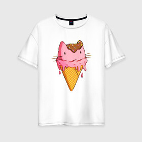 Женская футболка хлопок Oversize с принтом Cat Ice Cream в Екатеринбурге, 100% хлопок | свободный крой, круглый ворот, спущенный рукав, длина до линии бедер
 | animal | cat | cute | ice cream | kitty | meow | друг | еда | животные | киска | кися | китти | кот | котенок | котик | котэ | кошечка | кошка | мороженое | мур | мяу | питомец