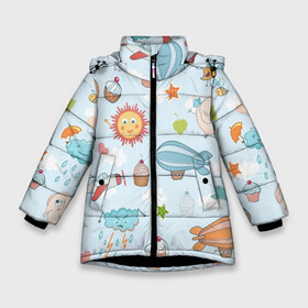 Зимняя куртка для девочек 3D с принтом Детские рисунки в Екатеринбурге, ткань верха — 100% полиэстер; подклад — 100% полиэстер, утеплитель — 100% полиэстер. | длина ниже бедра, удлиненная спинка, воротник стойка и отстегивающийся капюшон. Есть боковые карманы с листочкой на кнопках, утяжки по низу изделия и внутренний карман на молнии. 

Предусмотрены светоотражающий принт на спинке, радужный светоотражающий элемент на пуллере молнии и на резинке для утяжки. | воздушныйшар | детскиерисунки | облачко | слон | солнышко